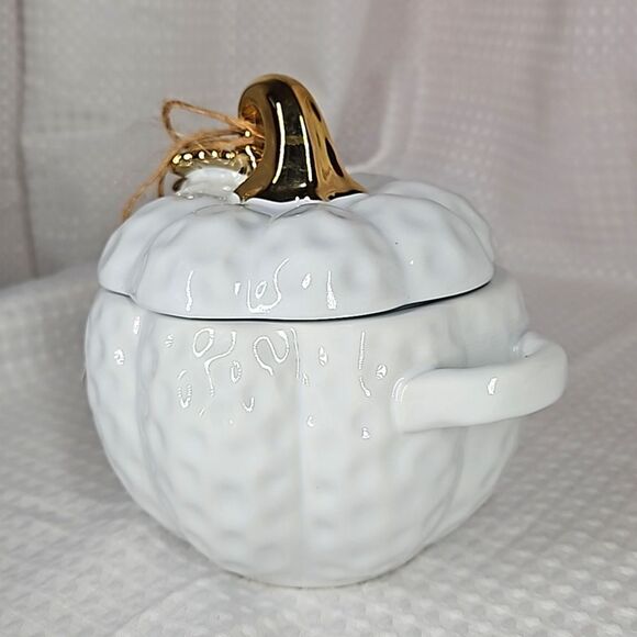 14 oz White & Gold Covered Pumpkin Bow with Handles -  NIB - Picture 3 of 9